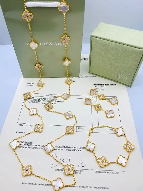 Van Cleef & Arpels Jewelry | White Mother of Pearl Diamond Clover Necklace Bracelet Set