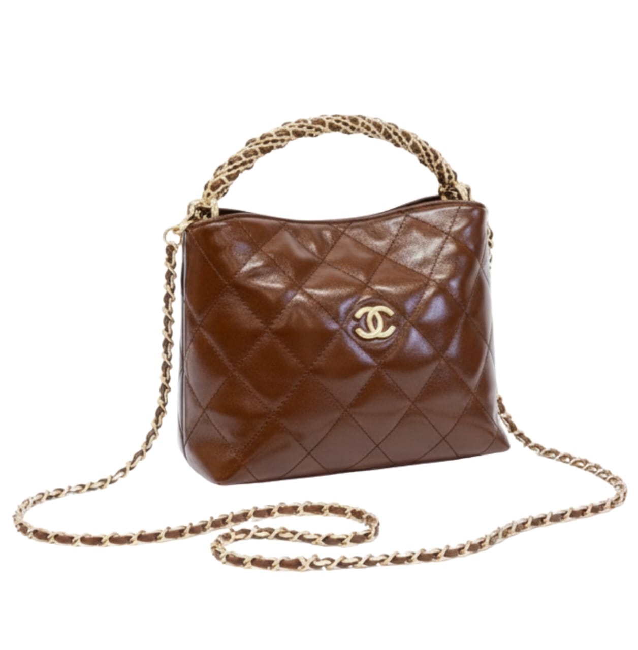 Chanel Bag | Braided Handle Chain Hobo In Brown Leather.
