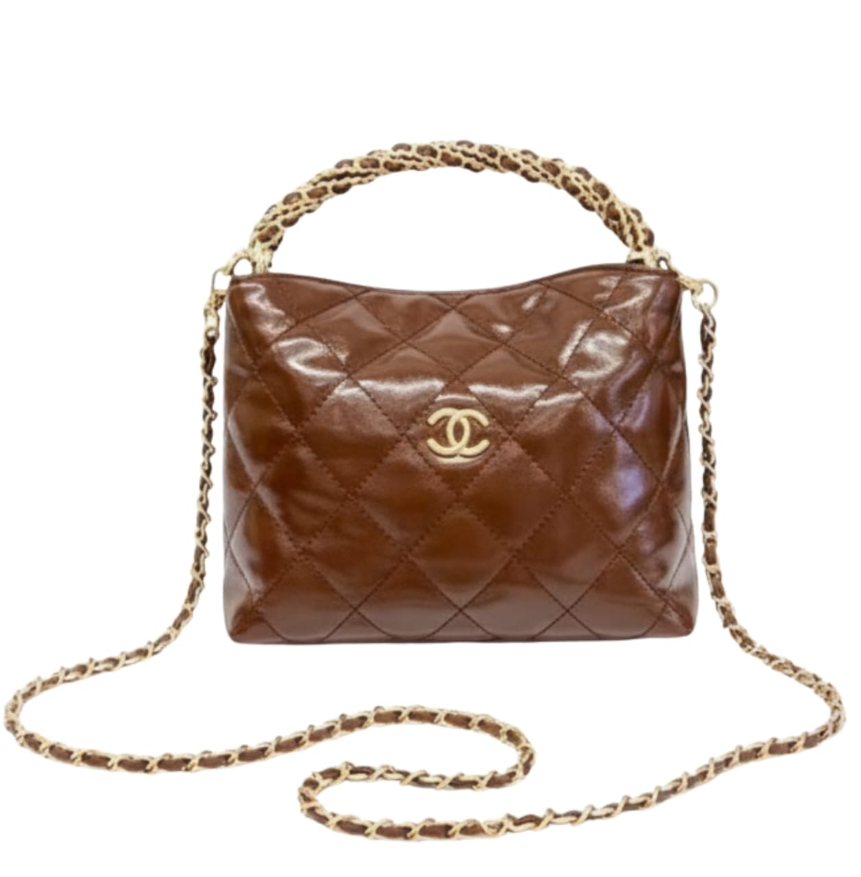 Chanel Bag | Braided Handle Chain Hobo In Brown Leather.