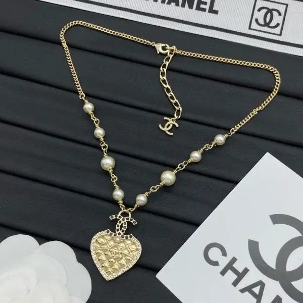 Chanel Jewelry | Quilted Heart CC Logo Pearl Station Necklace